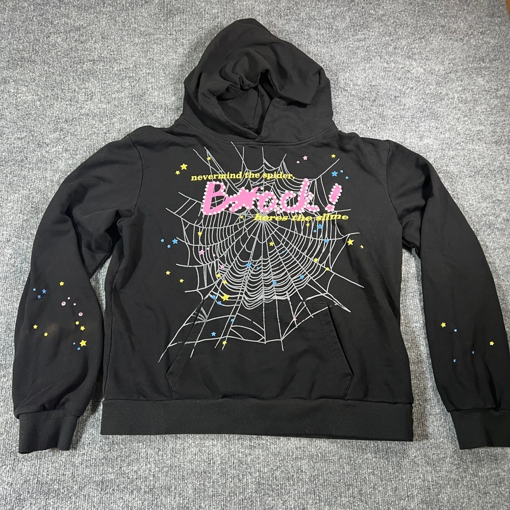 Sp5der Worldwide Brock Hoodie Black Spider Web Graphic Pullover Streetwear
